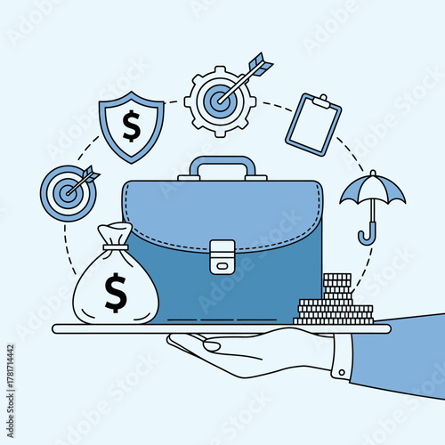 This creative line art displays a hand holding a briefcase surrounded by financial growth icons, symbolizing ambition and strategy in business in a soothing blue palette.