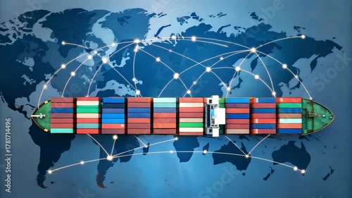 Global logistics concept featuring a world map, connected supply chain network, and container ships representing international import and export in a dynamic motion video