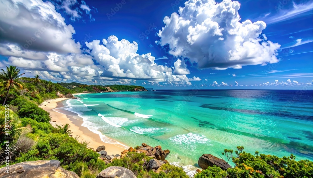 Obraz premium Turquoise Ocean Waves Gently Lap onto a Lush Green Tropical Beach Under a Dramatic Blue Sky with Puffy White Clouds