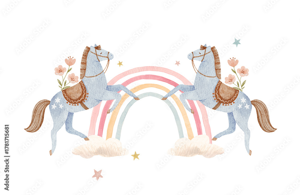 Fototapeta premium Cute watercolor horses and rainbow illustration. Pastel farm animals with flowers, clouds and stars perfect for baby nursery prints, kids decor, wall art and children's room design.