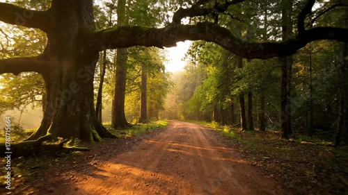 Smooth steadycam shot tracking an empty, winding dirt road through a remote, ancient forest at sunrise verdant, adventure, smooth