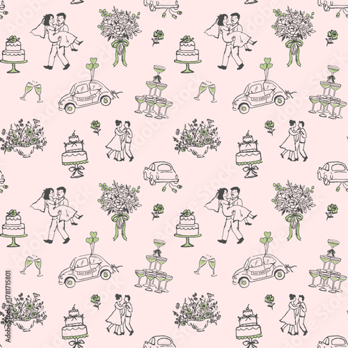 Vector seamless wedding pattern with bride and groom, cake, bouquet and romantic elements. Hand-drawn black and white illustration.