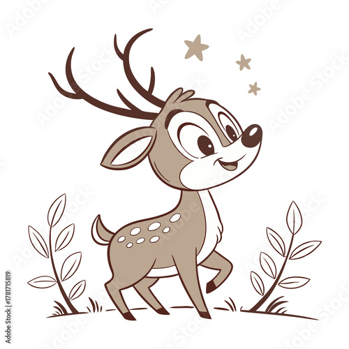 Cute Cartoon Fawn Walking on a Grassy Hill