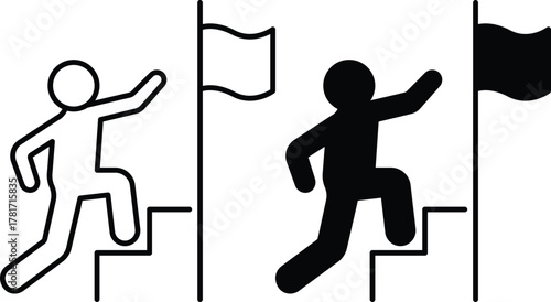 Running Up Steps to Success Flag. Overcoming Challenges and Achieving Career Goals Icon or Vector Silhouette..eps