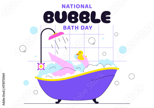 National Bubble Bath Day Vector Illustration Featuring Relaxing Spa Bath Scene with Bubbles, Towels, Candles, and Self Care in Flat Cartoon Style