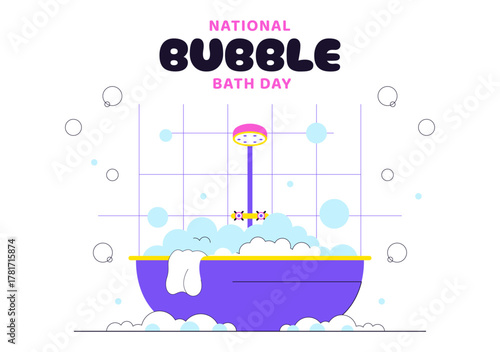 National Bubble Bath Day Vector Illustration Featuring Relaxing Spa Bath Scene with Bubbles, Towels, Candles, and Self Care in Flat Cartoon Style