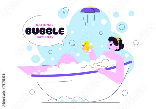 National Bubble Bath Day Vector Illustration Featuring Relaxing Spa Bath Scene with Bubbles, Towels, Candles, and Self Care in Flat Cartoon Style