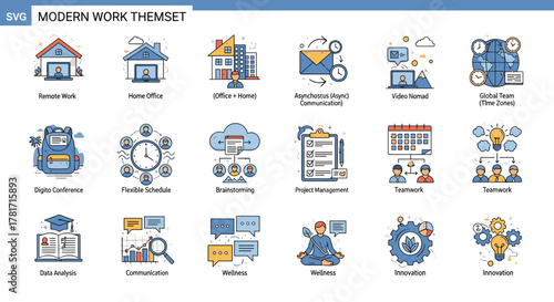 Remote Work Icon Set, Hybrid Work SVG, Async, UI/UX Icons for Business, Digital Nomad, Team Collaboration