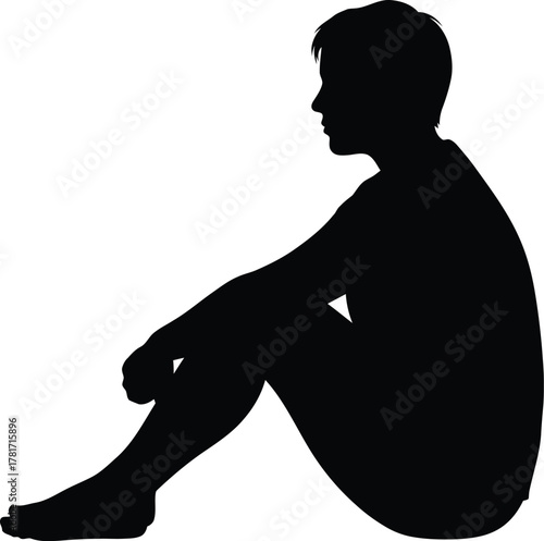 Silhouette of a person sitting with their knees up to their chest isolated on white background, creating a sense of introspection and solitude