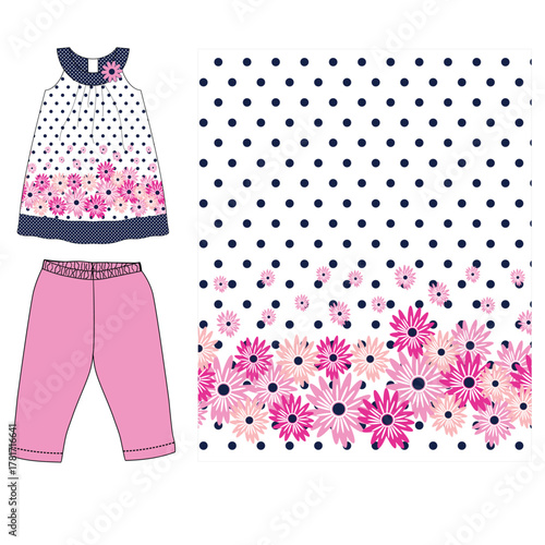 baby girls frocks with leggings pink  flower dots print vector
