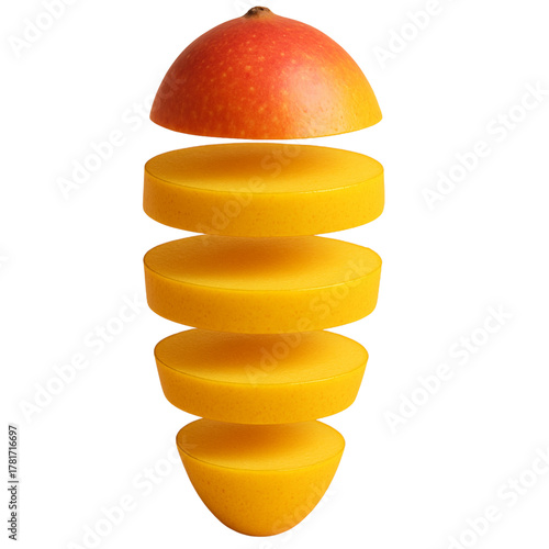Slices of Ripe Mango Fruit Flying Isolated on White Background