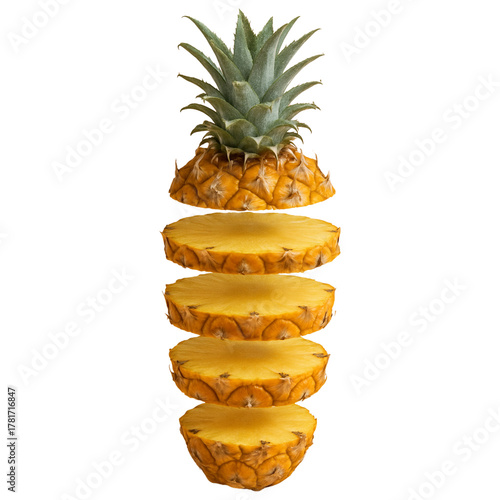 Sliced Fresh pineappleFlying in the Air Isolated on White Background