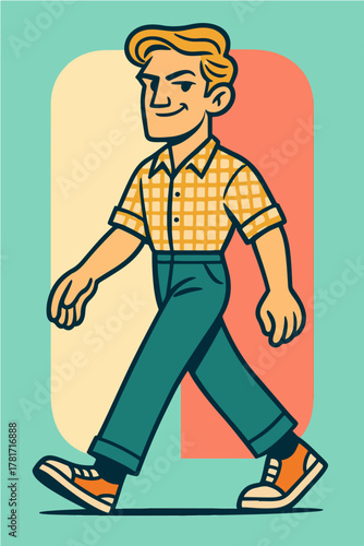 Smiling Young Man In Check Shirt Walking Confident Modern Flat Character