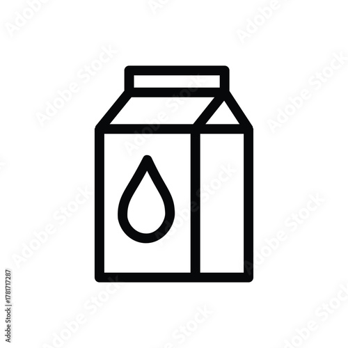 Milk carton line icon, outline illustration of beverage box with droplet symbol, representing dairy product, breakfast drink, or grocery packaging concept