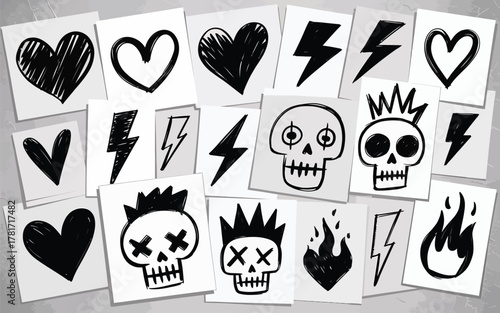 Doodle icons collage with hearts, skulls, lightning