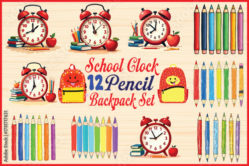 Charming school set with clock, pencils, backpack