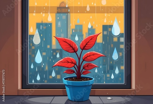 Red Leaf Plant in Blue Pot on Window Sill During Rainy City Sunset, Urban Indoor Greenery Illustration