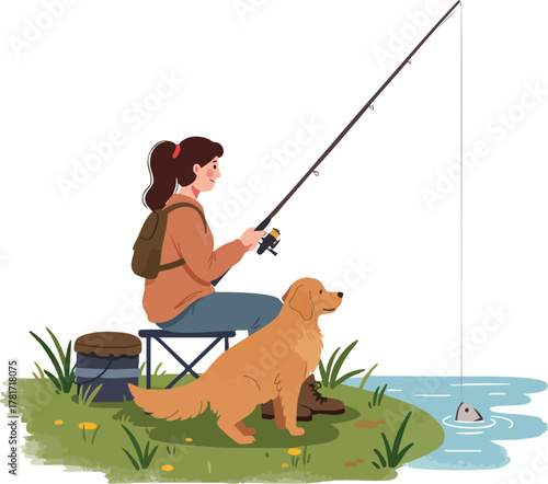 Woman sits on a stool fishing with a dog beside her by a body of water in a 2D flat illustration.