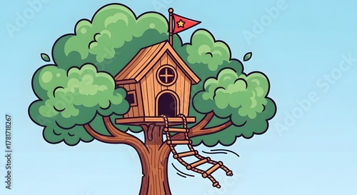Charming Cartoon Treehouse Adventure Hideout in Lush Green Tree Under Blue Sky