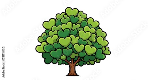 Cute Cartoon Love Tree with Heart Shaped Green Leaves Illustration