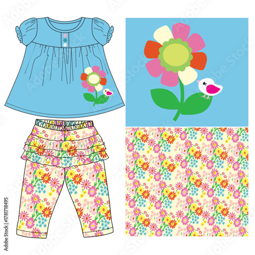 baby girls  frocks with leggings flower bird print vector