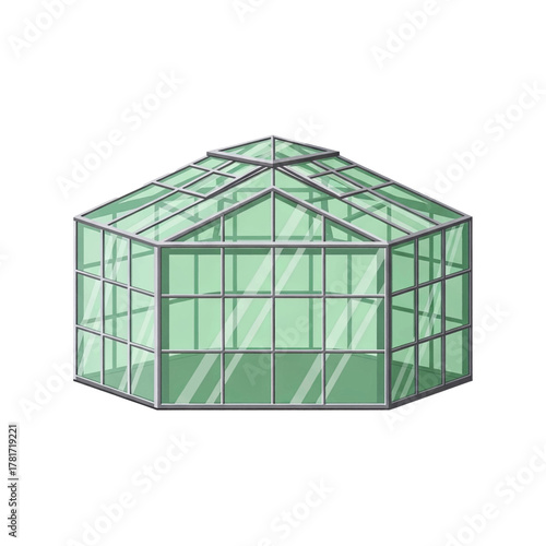 A detailed illustration of a modern octagonal greenhouse with glass panels and a metal frame.