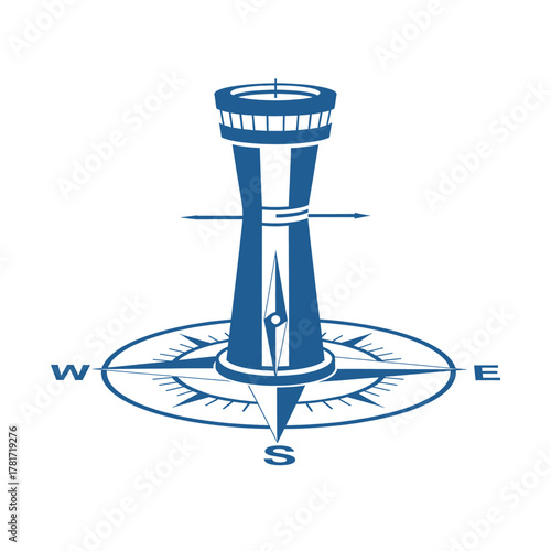 Blue navigational logo with a watchtower or lighthouse centered on a compass rose.