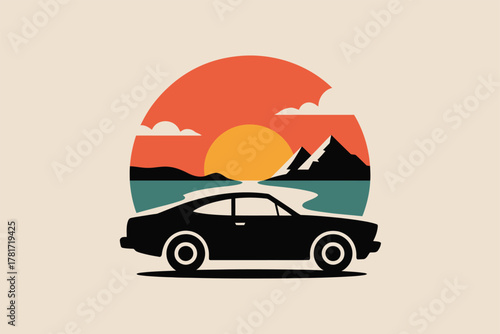 Classic car road trip at sunset