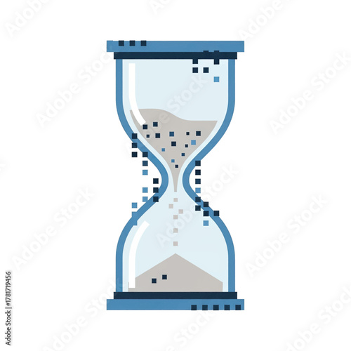 Digital hourglass with pixelated sand symbolizing the passage of time in the modern era.
