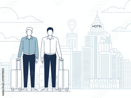 Two men stand with luggage in front of a prominent city hotel, demonstrating the anticipation of a travel journey in a bustling metropolitan area.