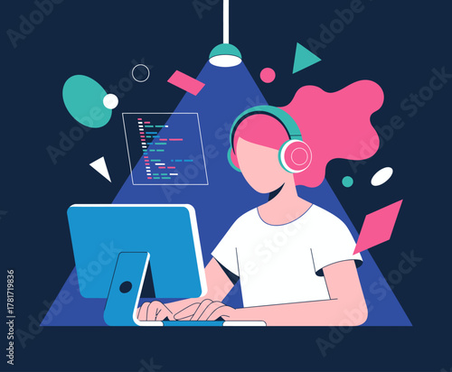 This vibrant illustration depicts a young person coding at a computer, showcasing creativity and tech-savvy energy with colorful abstract elements surrounding them.