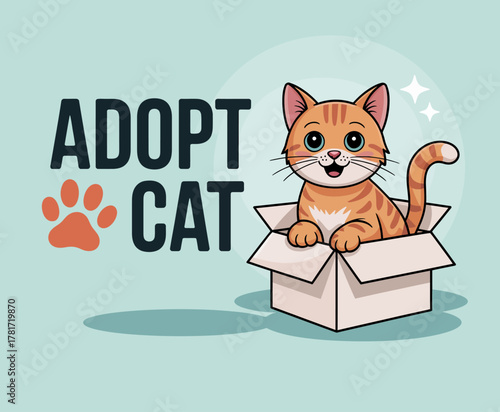 This inviting image of a cat in a box emphasizes adopting pets, featuring a cute orange tabby with sparkles that highlight its charismatic appeal and playful nature.
