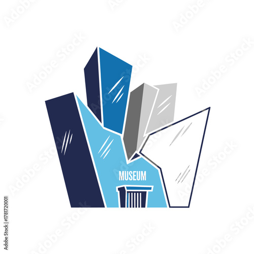 Modern museum building logo with geometric shapes and blue color scheme.
