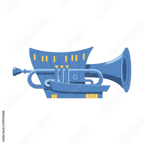 Stylized blue musical trumpet instrument with integrated architectural building elements.