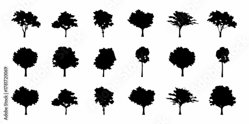 Collection of diverse black tree silhouettes on a white background