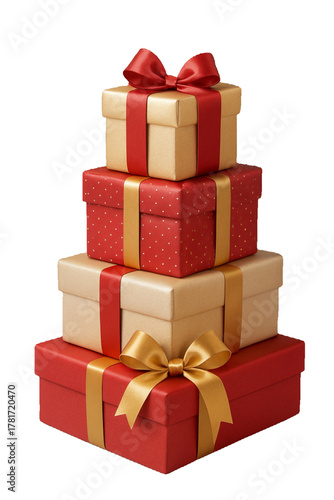image of a stack of beautifully wrapped gift boxes with ribbons and bows, isolated on a transparent background.