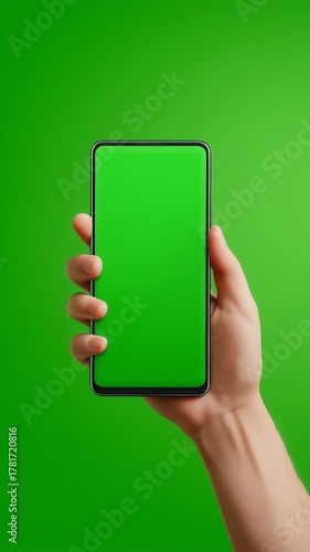 A hand holding a smartphone with a solid green screen, while the thumb actively taps and scrolls, symbolizing digital interaction, app navigation, and user engagement in a compositing environment.