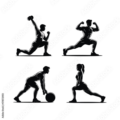 Fitness Workout Silhouettes Set: Dynamic Exercises for Men and Women