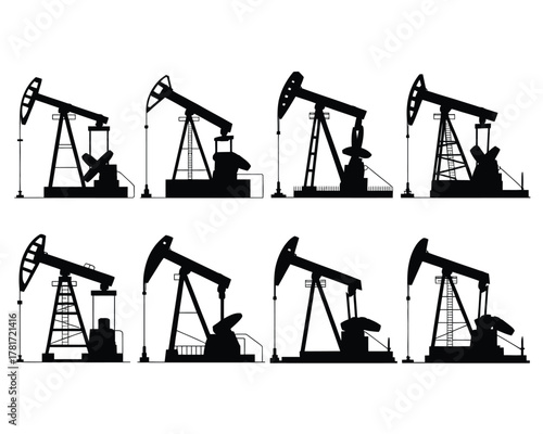 Vector Silhouettes of Oil Pumpjacks - Industrial Energy Extraction Equipment