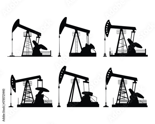 Oil Pumpjack Silhouettes Set - Energy Industry Vector Icons
