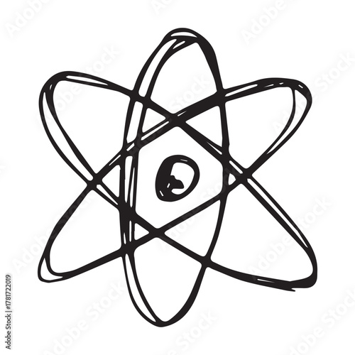Hand drawn atom sign Molecule clipart in doodle style Single element for print, web, design, decor Symbol of science, education, nuclear energy, scientific research, molecular chemistry