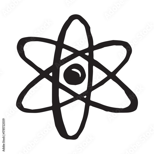 Hand drawn atom sign Molecule clipart in doodle style Single element for print, web, design, decor Symbol of science, education, nuclear energy, scientific research, molecular chemistry
