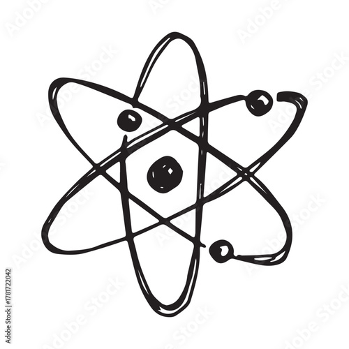 Hand drawn atom sign Molecule clipart in doodle style Single element for print, web, design, decor Symbol of science, education, nuclear energy, scientific research, molecular chemistry