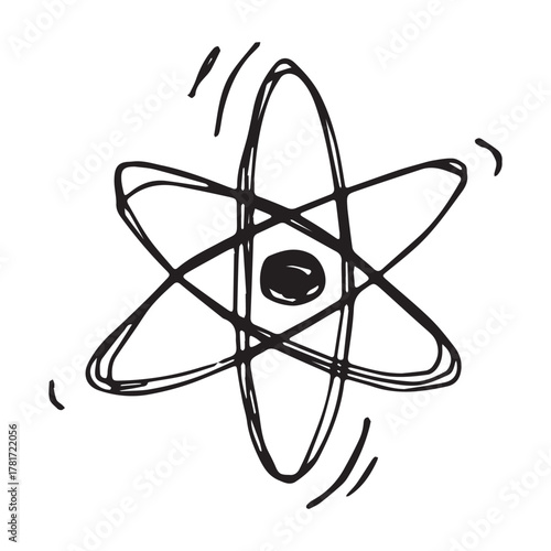Hand drawn atom sign Molecule clipart in doodle style Single element for print, web, design, decor Symbol of science, education, nuclear energy, scientific research, molecular chemistry