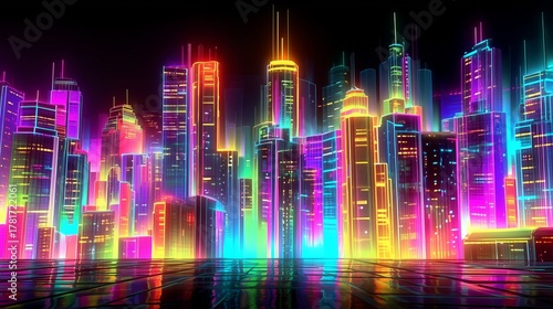 Vibrant cityscape at night showcasing glowing buildings and digital art aesthetic reflection