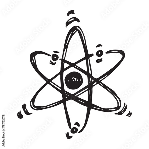 Hand drawn atom sign Molecule clipart in doodle style Single element for print, web, design, decor Symbol of science, education, nuclear energy, scientific research, molecular chemistry