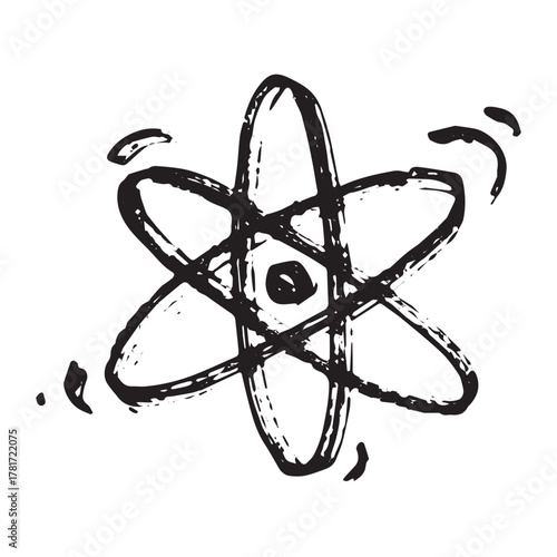 Hand drawn atom sign Molecule clipart in doodle style Single element for print, web, design, decor Symbol of science, education, nuclear energy, scientific research, molecular chemistry