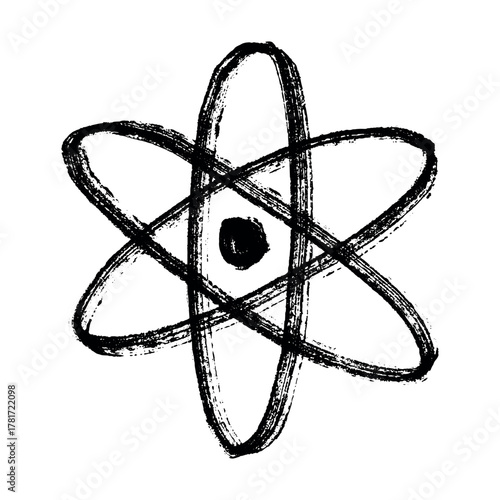 Hand drawn atom sign Molecule clipart in doodle style Single element for print, web, design, decor Symbol of science, education, nuclear energy, scientific research, molecular chemistry