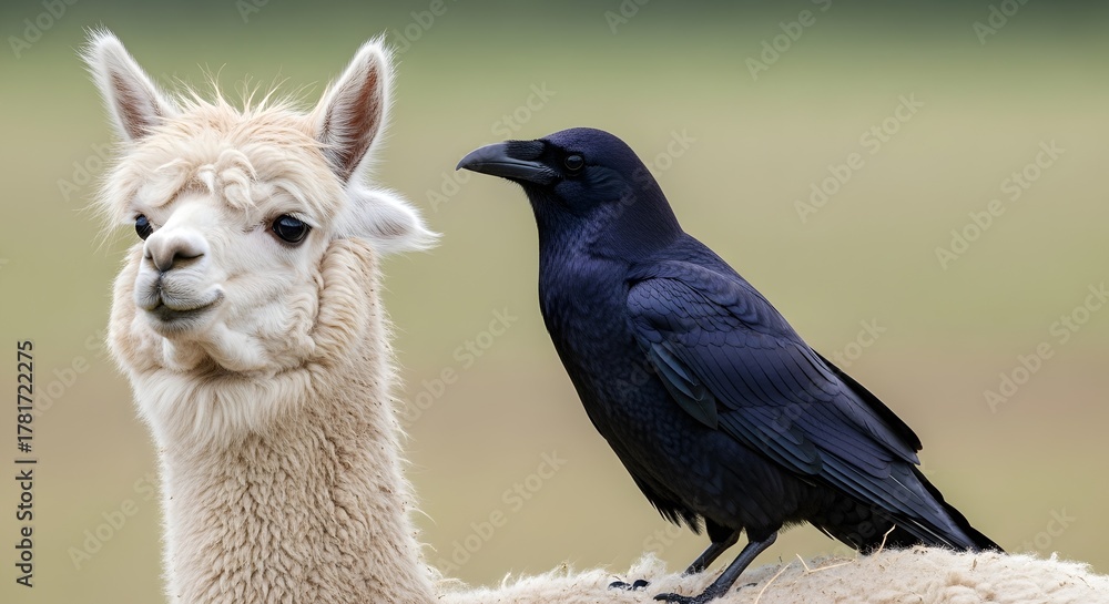 Obraz premium A curious alpaca and a black crow sharing space in a serene landscape