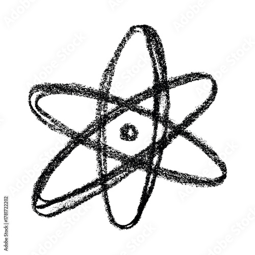 Hand drawn atom sign Molecule clipart in doodle style Single element for print, web, design, decor Symbol of science, education, nuclear energy, scientific research, molecular chemistry